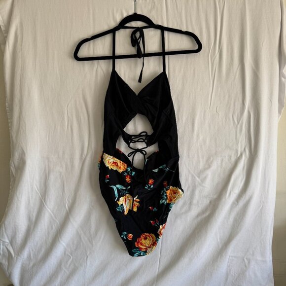 Floral Cutout One-Piece Swimsuit | Tie Back & High Leg (No tag; approx XL) - Picture 2 of 2
